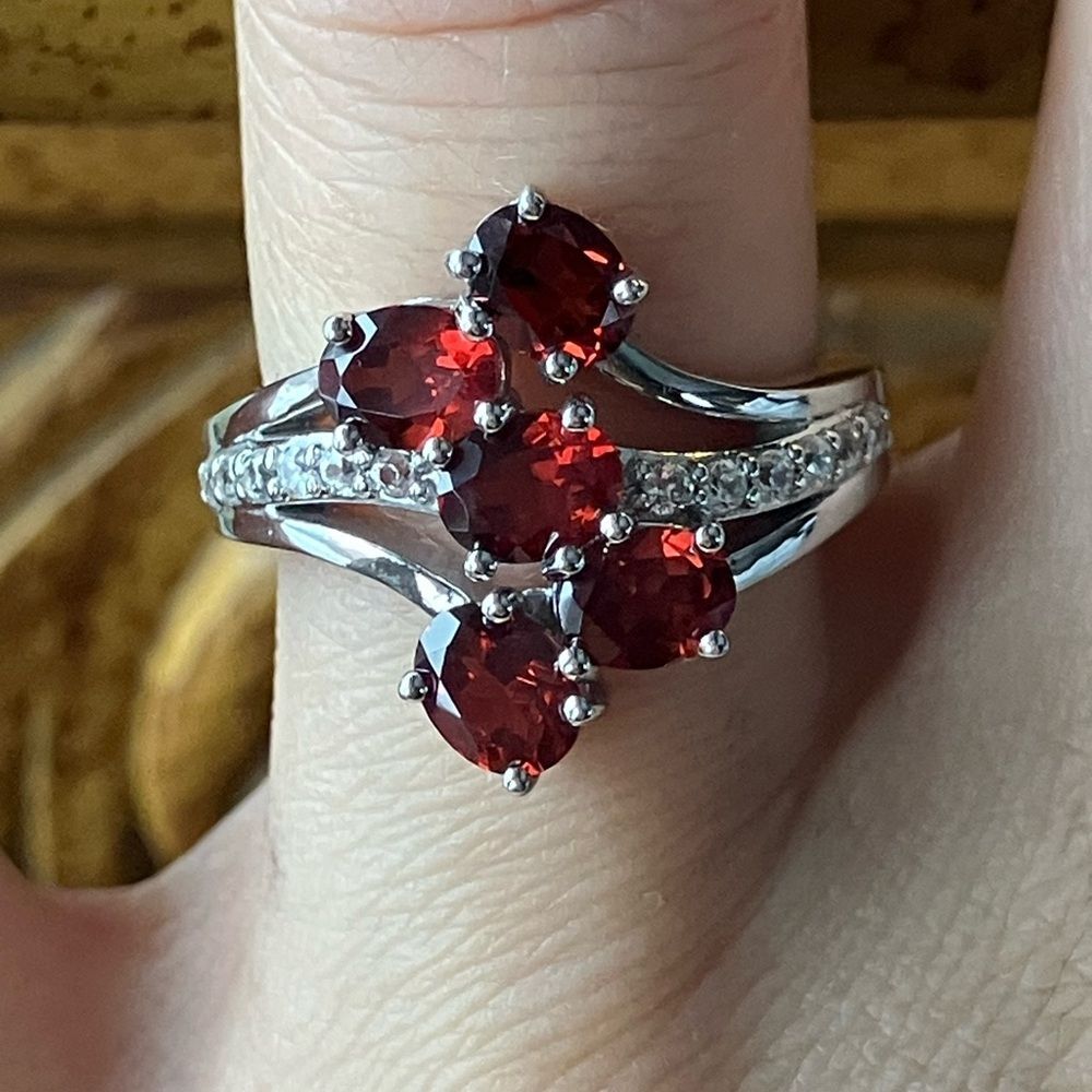 Natural Red Garnet Sterling Silver Cluster Ring Size 6